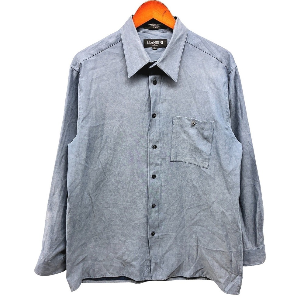 Brandini Faux Suede Button Down Shirt Mens L Blue Long Sleeve Business Casual